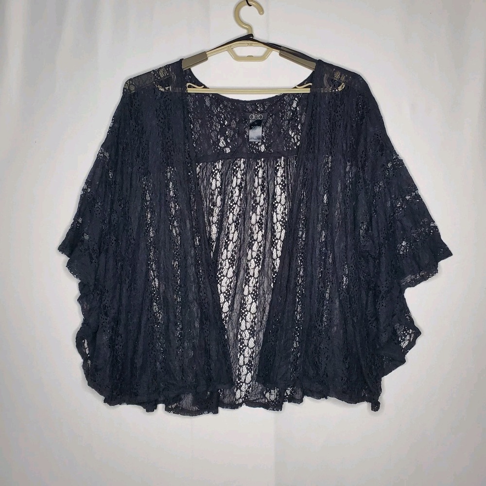 Vtg Deb Sheer Lace Shrug Cardigan Women 3X Black Open Romantic Whimsigoth Fairy